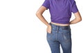 Beautiful body woman with Purple T-shirt and blue jeans