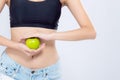 Beautiful body woman sexy slim holding green apple with cellulite for wellness, girl with fitness for weight loss and healthy Royalty Free Stock Photo