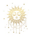 A beautiful bohemian golden sun with a face and closed eyes, adorned with jewels, stars and beads. Hand drawn vintage