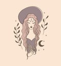 Beautiful boho girl with long hair in a hat, esoteric female portrait, avatar, bohemian icon. Sketch of beautiful