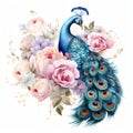 beautiful boho peacock and peonies clipart illustration