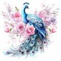 beautiful boho peacock and peonies clipart illustration