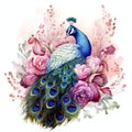 beautiful boho peacock and peonies clipart illustration