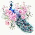 beautiful boho peacock and peonies clipart illustration