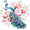 beautiful boho peacock and peonies clipart illustration