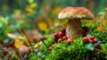 Beautiful boletus edulis mushroom banner in amazing green moss. Old magic forest mushrooms background. White mushroom in Royalty Free Stock Photo