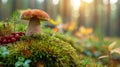 Beautiful boletus edulis mushroom banner in amazing green moss. Old magic forest mushrooms background. White mushroom in Royalty Free Stock Photo