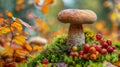 Beautiful boletus edulis mushroom banner in amazing green moss. Old magic forest mushrooms background. White mushroom in Royalty Free Stock Photo