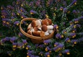 Beautiful boletus mushrooms in a basket on flower background. Edible tasty mushroom penny bun, porcini, cep, porcino, king boletus