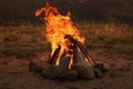 Beautiful bonfire with burning firewood outdoors at night. Camping season