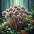 Beautiful Bonnet mushrooms in mossy forest