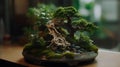 Beautiful bonsai plant in a terrarium display in a ceramic pot indoor, rain outside of the room