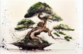 Beautiful bonsai tree in colorful watercolor illustration