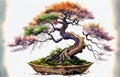 Beautiful bonsai tree in colorful watercolor illustration