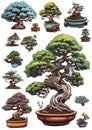 Beautiful bonsai trees sticker set Asian aesthetics