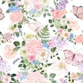 Beautiful botanical seamless pattern with watercolor spring flowers, greenery, butterflies, isolated on white background Royalty Free Stock Photo