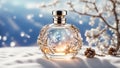 Beautiful bottle of perfume in the snow essence creative banner design great concept