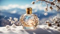 Beautiful bottle of perfume in the snow detail perfection banner design great concept