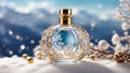 Beautiful bottle of perfume in the snow luxury perfection banner design great concept