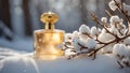 Beautiful bottle of perfume in the snow luxury creative , aroma banner design great concept