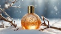 Beautiful bottle of perfume in the snow luxury creative , aroma design great concept