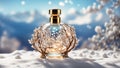 Beautiful bottle of perfume in the snow detail creative banner design great concept