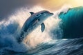 Beautiful bottlenose Dolphin jumping over breaking waves. Sea with clear blue water on sunny day. generative ai Royalty Free Stock Photo