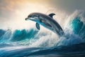 Beautiful bottlenose Dolphin jumping over breaking waves, Generative AI Royalty Free Stock Photo