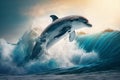 Beautiful bottlenose Dolphin jumping over breaking waves, Generative AI Royalty Free Stock Photo