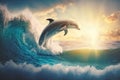 Beautiful bottlenose Dolphin jumping over breaking waves. Sea with clear blue water on sunny day. generative ai Royalty Free Stock Photo