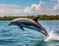 beautiful bottlenose dolphin porpoise - Tursiops truncates - jumping in water with shore line and blue sky with clouds background Royalty Free Stock Photo