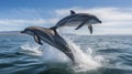 Beautiful bottlenose dolphins jumping out of sea with clear blue water on sunny day, generative ai Royalty Free Stock Photo