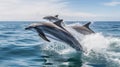 Beautiful bottlenose dolphins jumping out of sea with clear blue water on sunny day, generative ai Royalty Free Stock Photo