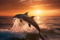 Beautiful bottlenose dolphins jumping out of sea at sunset Generative AI. Royalty Free Stock Photo