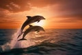 Beautiful bottlenose dolphins jumping out of sea at sunset Generative AI. Royalty Free Stock Photo