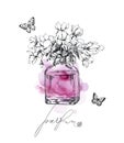 A beautiful bottles of perfume a against the background of delicate Apple blossoms Women`s perfume. Elements for design