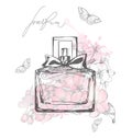 A beautiful bottles of perfume a against the background of delicate Apple blossoms Women`s perfume. Elements for design Royalty Free Stock Photo