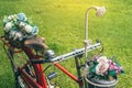 A beautiful bouquet of artificial plastic roses in bicycle front basket of old red bicycle in garden with green grass in Royalty Free Stock Photo