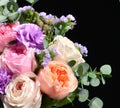 Beautiful bouquet of bright white pink purple roses flowers with Royalty Free Stock Photo