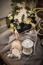 Beautiful bouquet of bright white rose and black decor Royalty Free Stock Photo