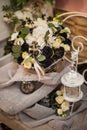 Beautiful bouquet of bright white rose and black decor Royalty Free Stock Photo