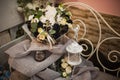 Beautiful bouquet of bright white rose and black decor Royalty Free Stock Photo