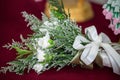 beautiful bouquet of bright white rose flowers, on table.Wedding flowers, bridal bouquet closeup. Royalty Free Stock Photo