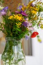 Beautiful bouquet of bright wildflowers in glass vase Royalty Free Stock Photo