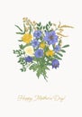 Beautiful bouquet or bunch of purple and yellow meadow blooming flowers and wild flowering plants on white background