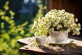 Beautiful bouquet of chamomile flowers in a cup on a wooden table, Chamomile Flowers In Teacup On Wooden Table In Garden, AI Royalty Free Stock Photo