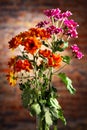 Beautiful bouquet of chrysanthemums over brick wall Royalty Free Stock Photo