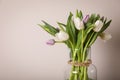 Beautiful bouquet of colorful tulips in glass vase on beige background. Space for text Royalty Free Stock Photo