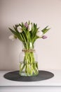 Beautiful bouquet of colorful tulips in glass vase on table against pink background Royalty Free Stock Photo