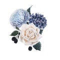 Beautiful bouquet composition with watercolor blue hydrengea and dahlia flowers, white roses and blackberry. Stock